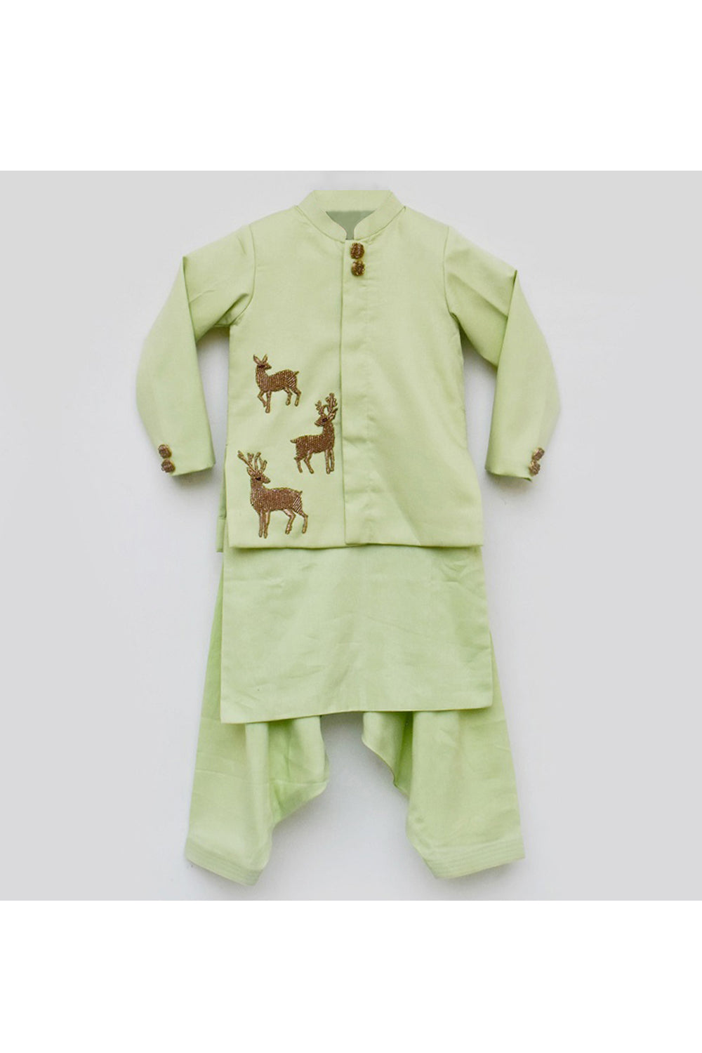 Green Kurta With Deer Motif Jacket And Salwar Set