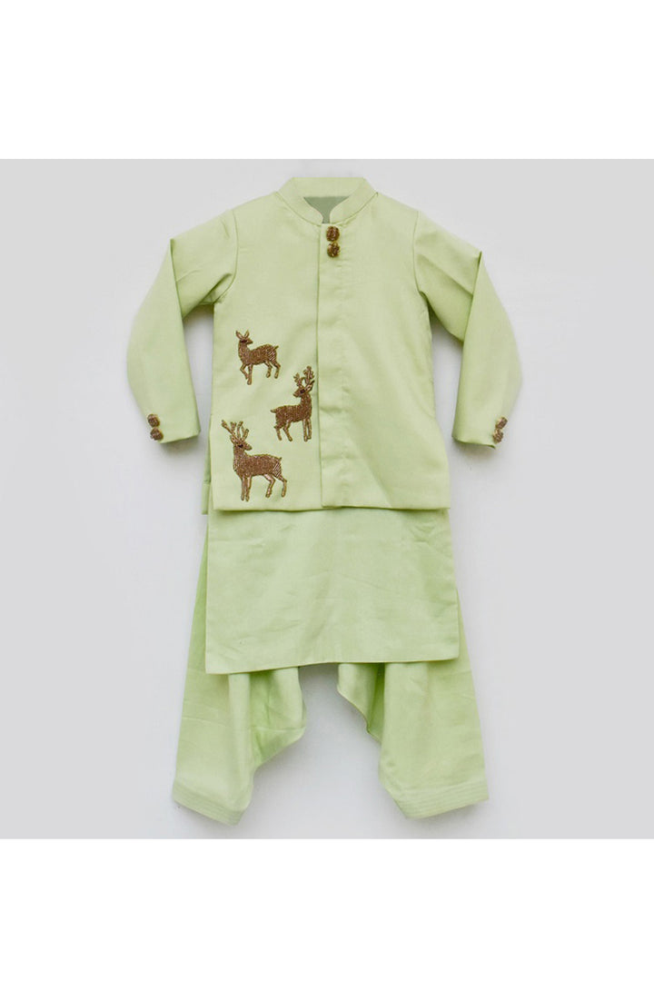 Green Kurta With Deer Motif Jacket And Salwar Set