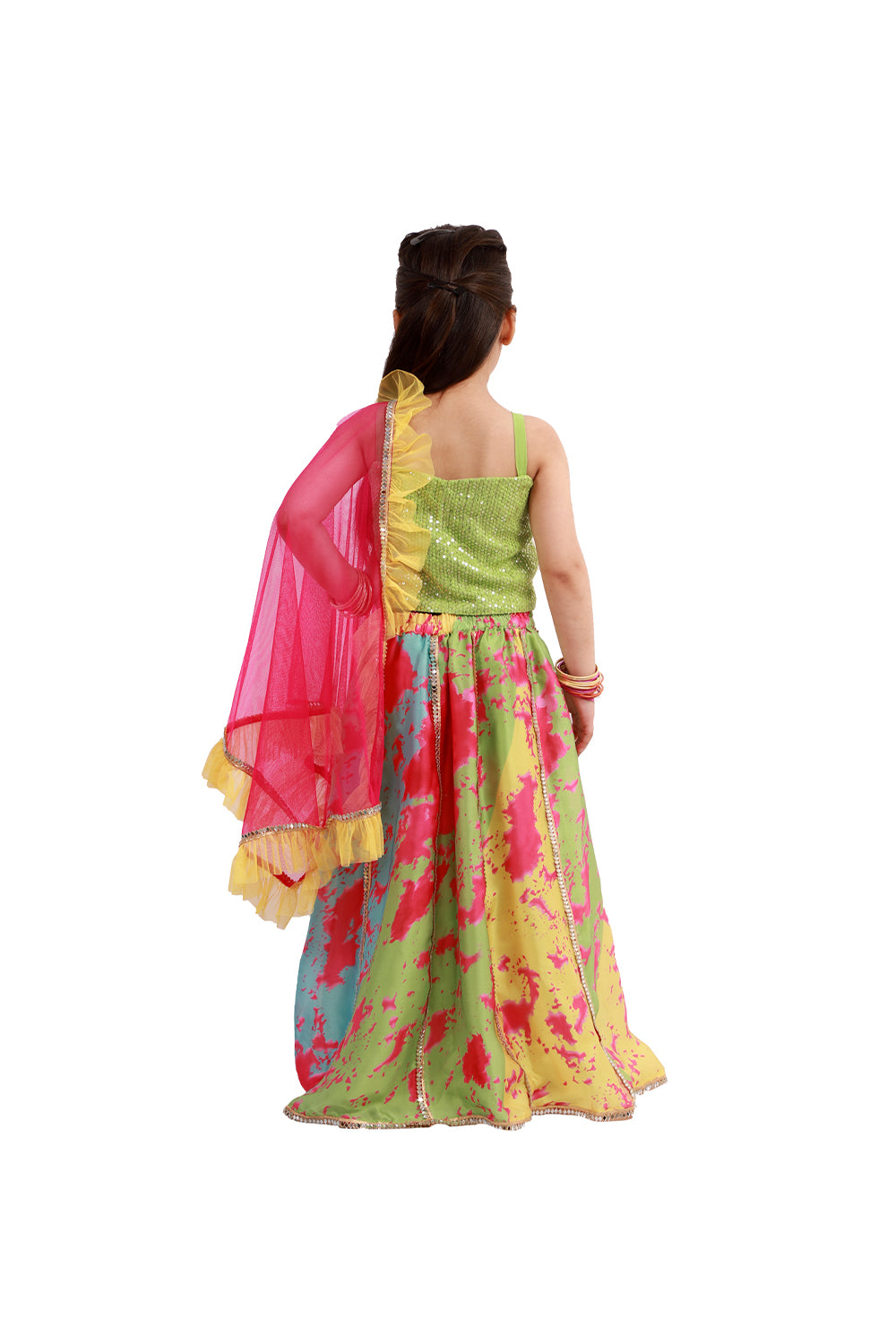 Light green mirror work choli with printed lehenga and dupatta