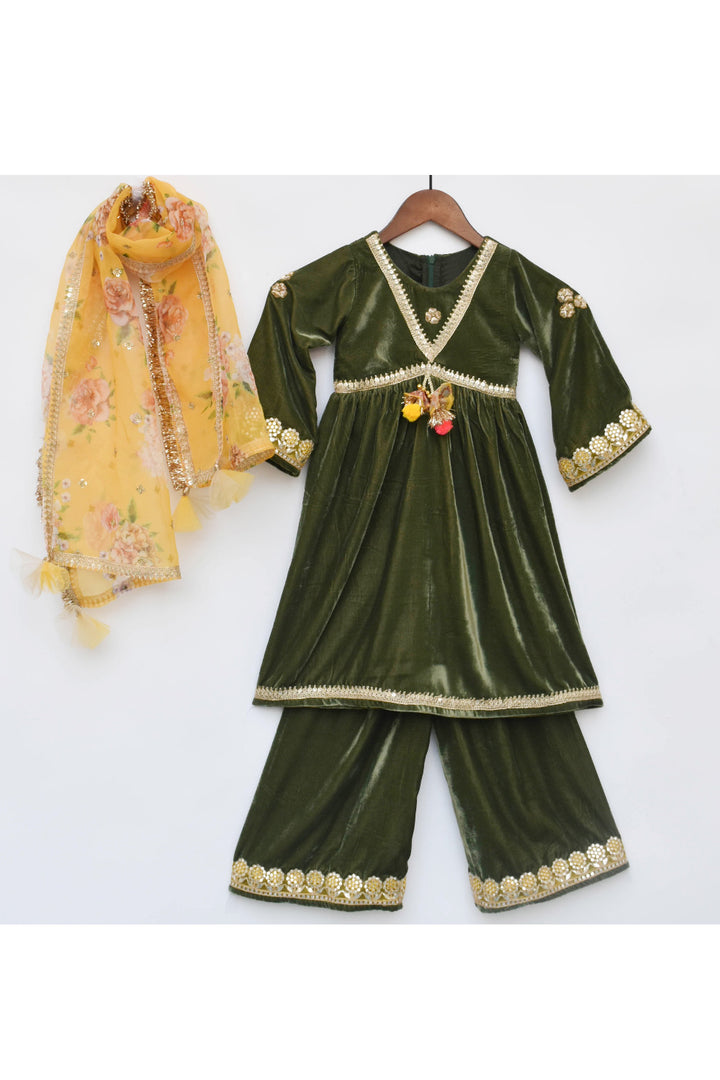 Lace Detailing Velvet Kurta With Palazzo Set