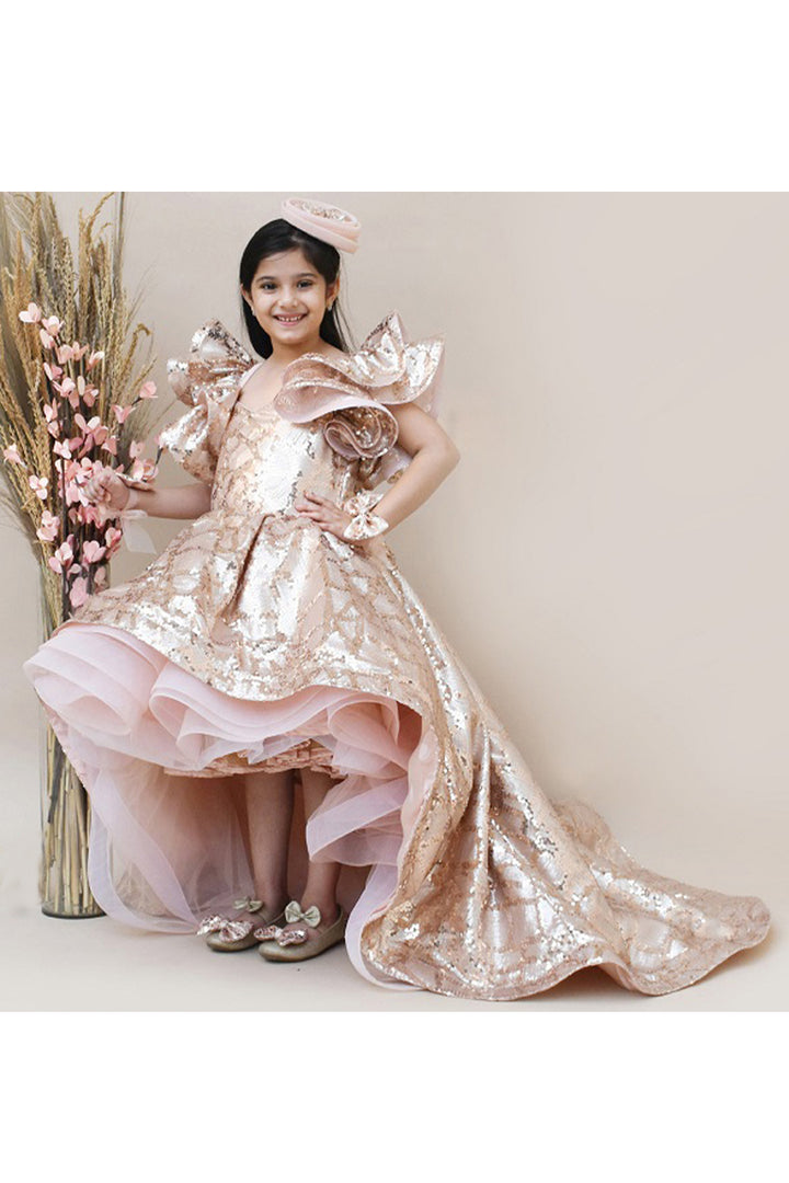 Peach Sequins Work High Low Double Layered Dress