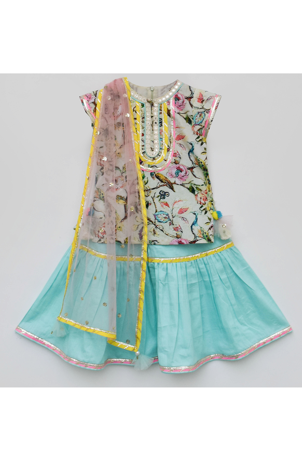 Peacock printed kurti with blue sharara and dupatta