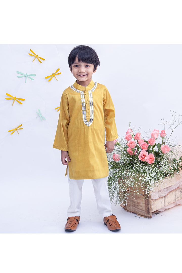 Mustard yellow cotton silk kurta and churidar