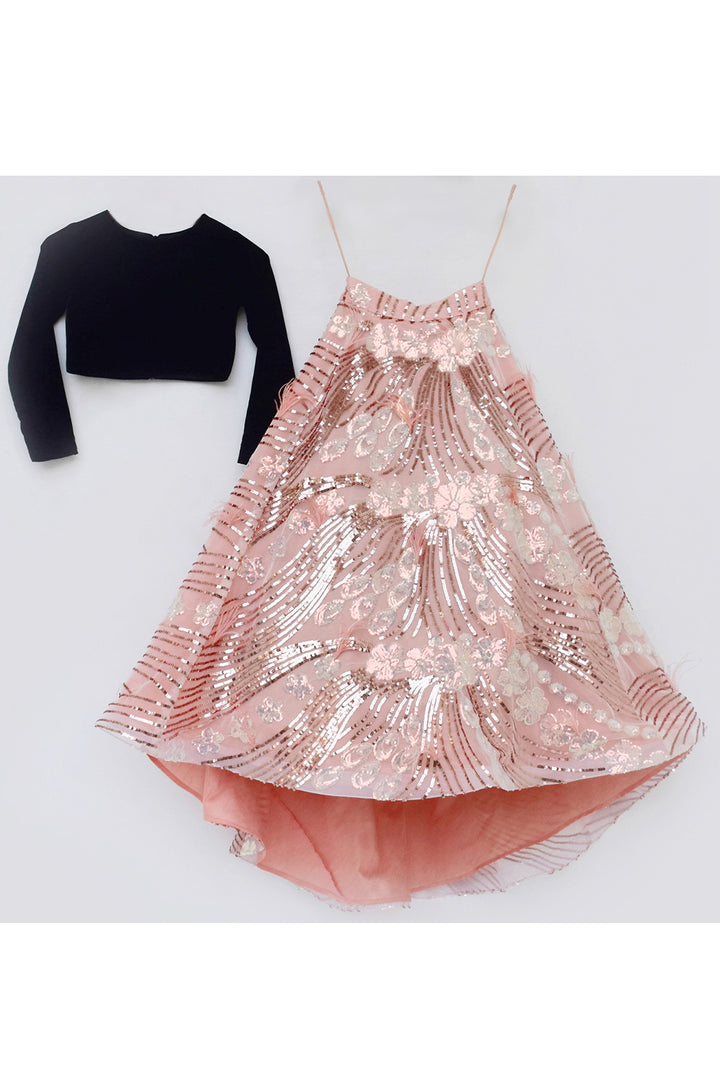 Black Velvet Top With Sequins Embroidered High Low Lehenga