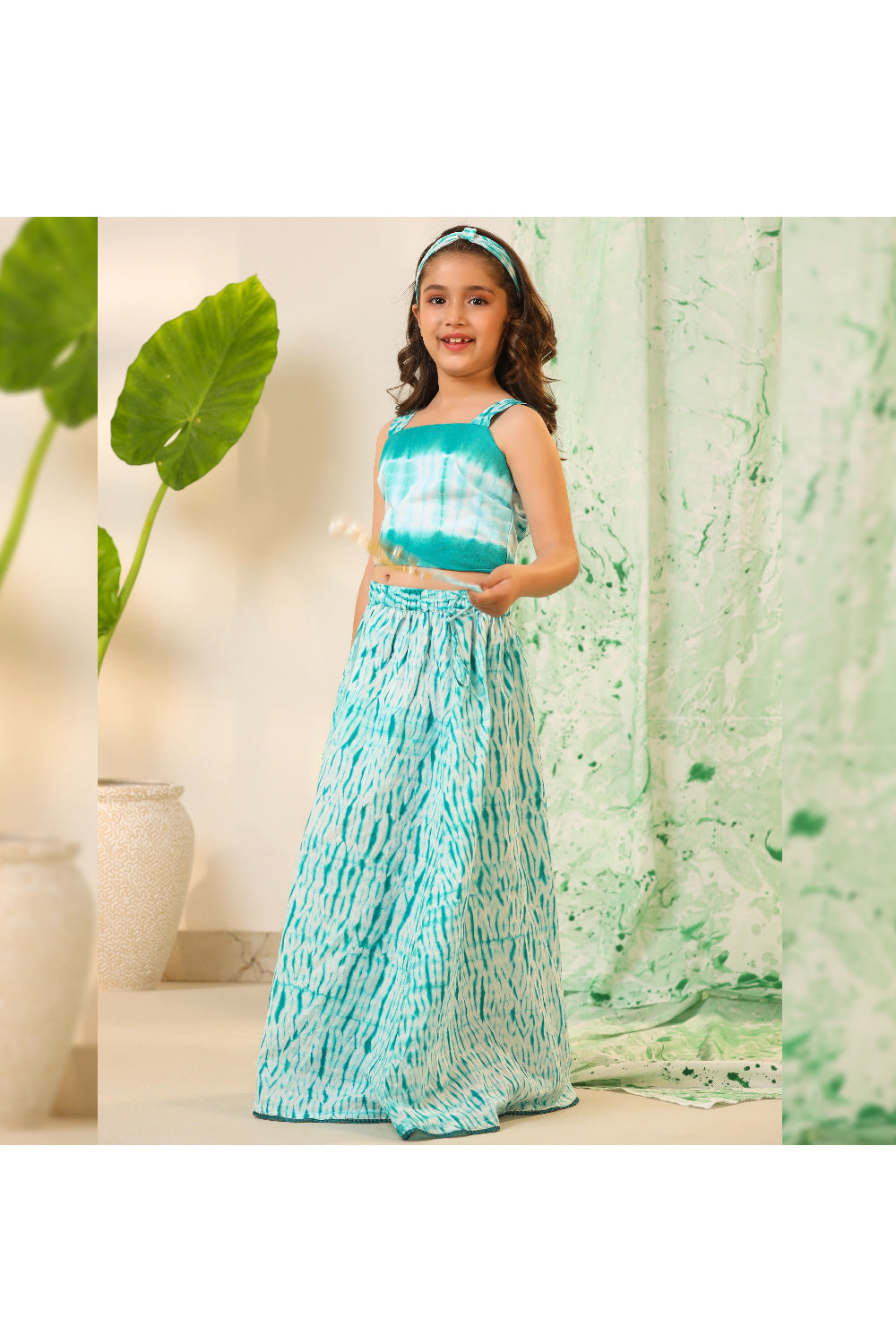 Sea Green And White Printed Cotton Sleeveless Top With Lehenga Set
