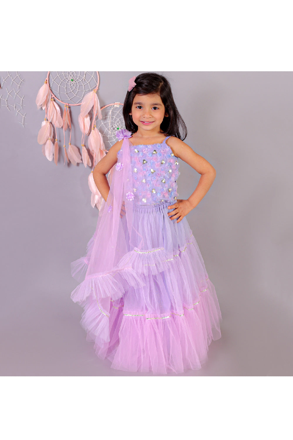 Lavender Embroidered Sleeveless Top With Frill Lehenga Set
