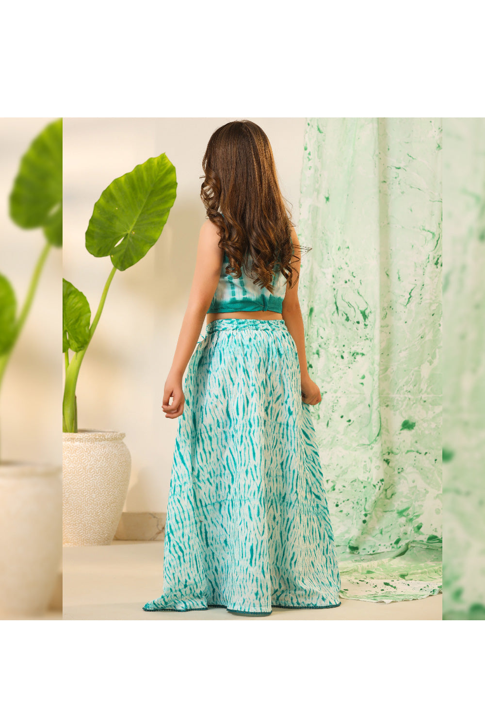 Sea Green And White Printed Cotton Sleeveless Top With Lehenga Set