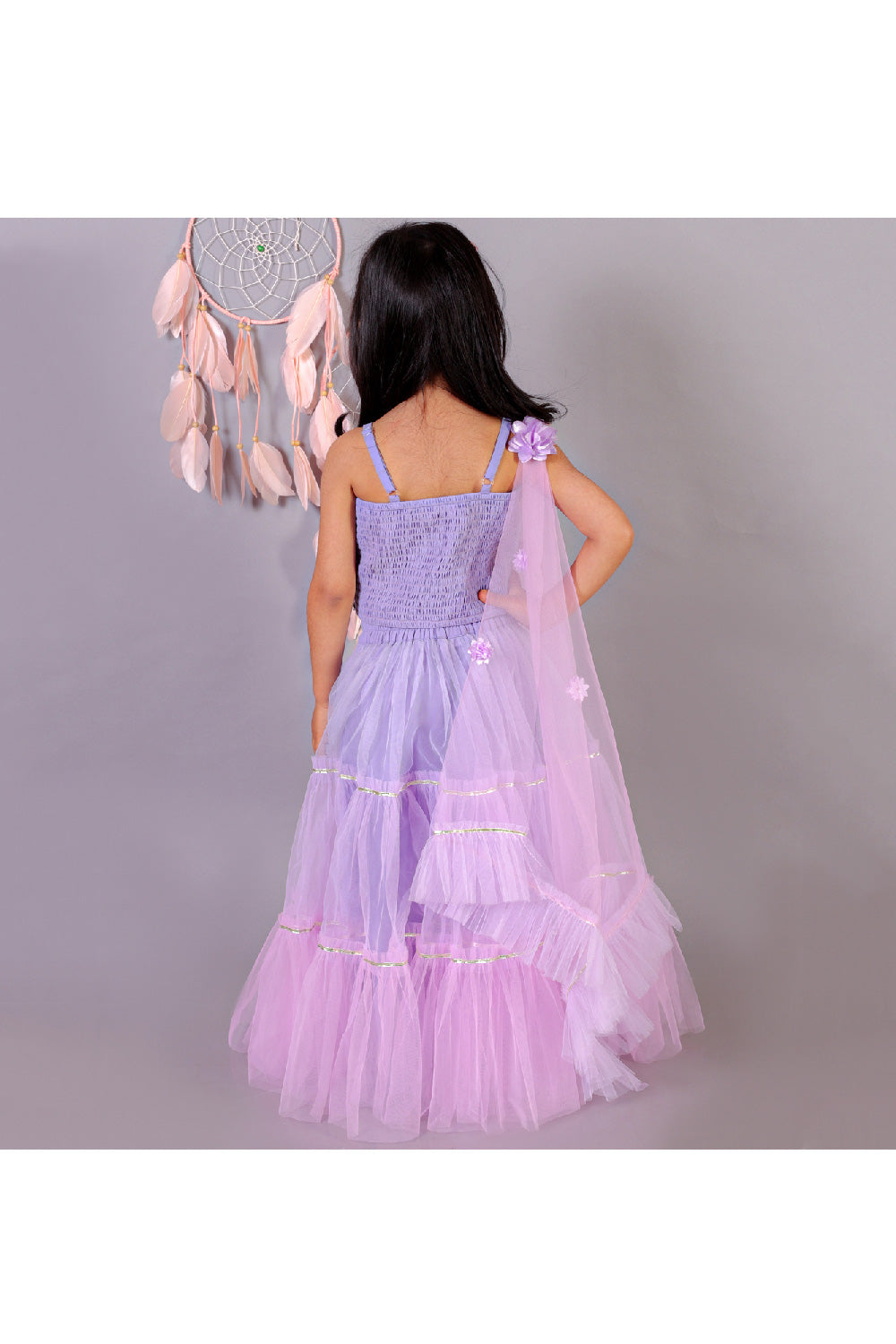 Lavender Embroidered Sleeveless Top With Frill Lehenga Set