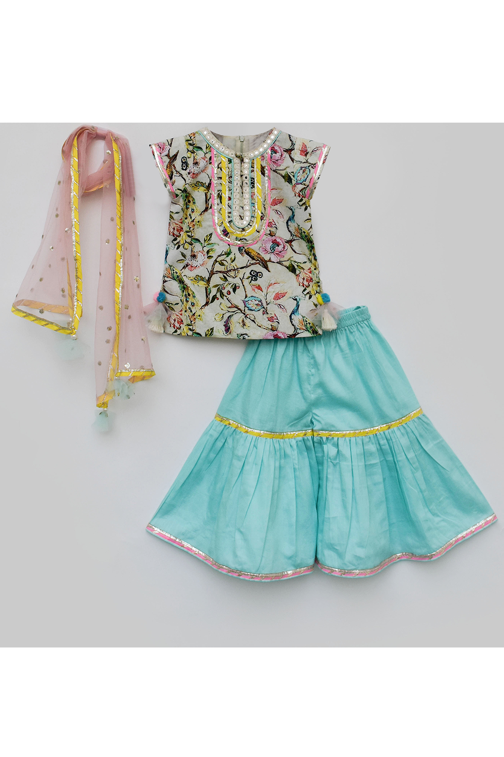 Peacock printed kurti with blue sharara and dupatta