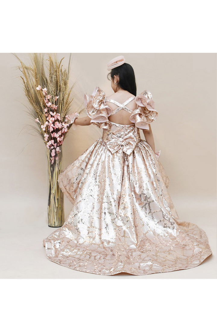 Peach Sequins Work High Low Double Layered Dress
