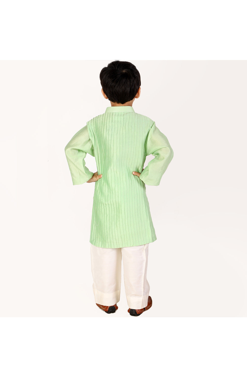 Pastel Green Chanderi Pintex Kurta With Off White Pyjama Set
