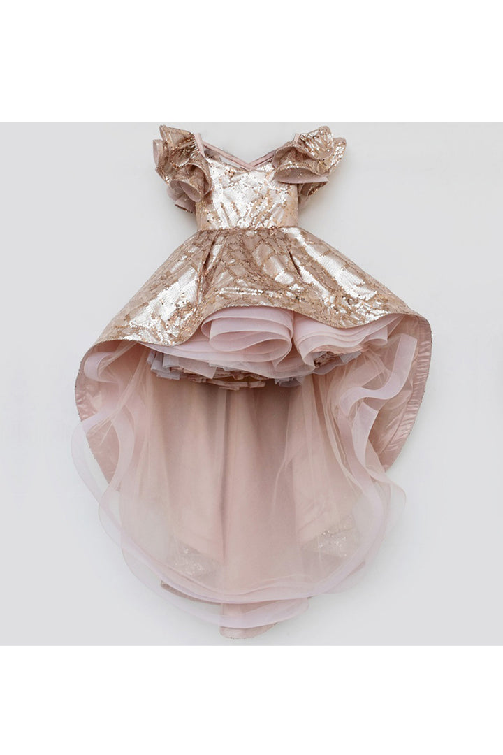 Peach Sequins Work High Low Double Layered Dress