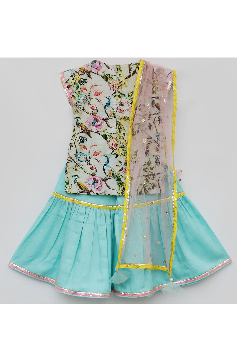 Peacock printed kurti with blue sharara and dupatta