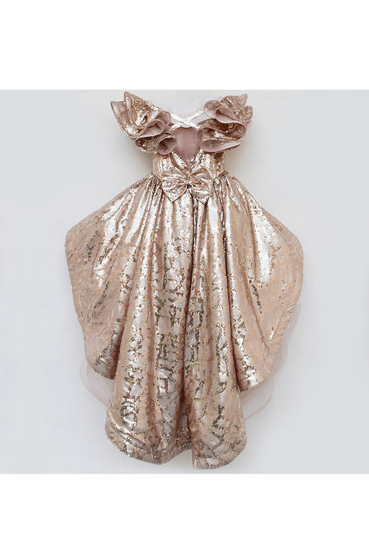 Peach Sequins Work High Low Double Layered Dress