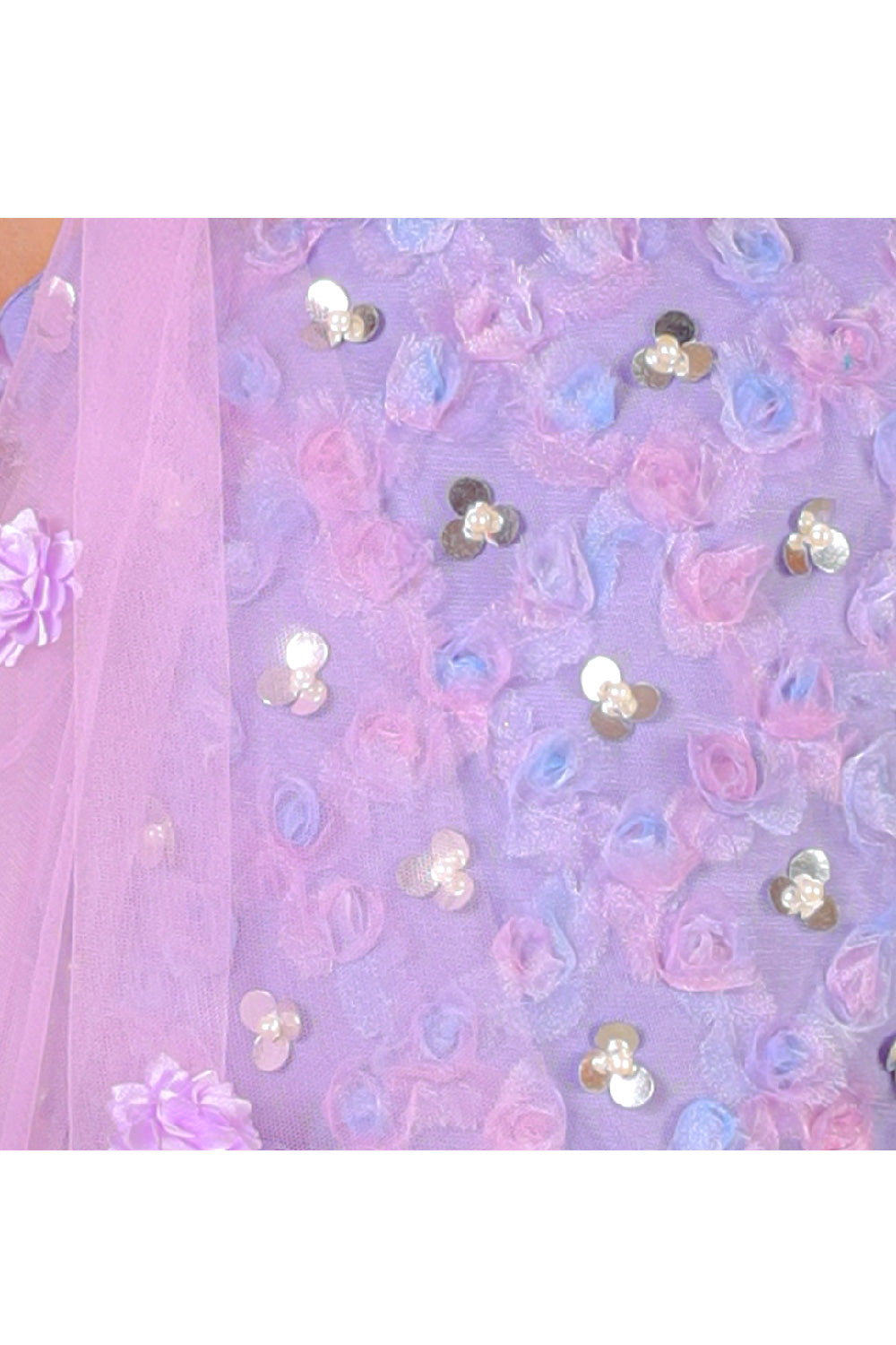 Lavender Embroidered Sleeveless Top With Frill Lehenga Set