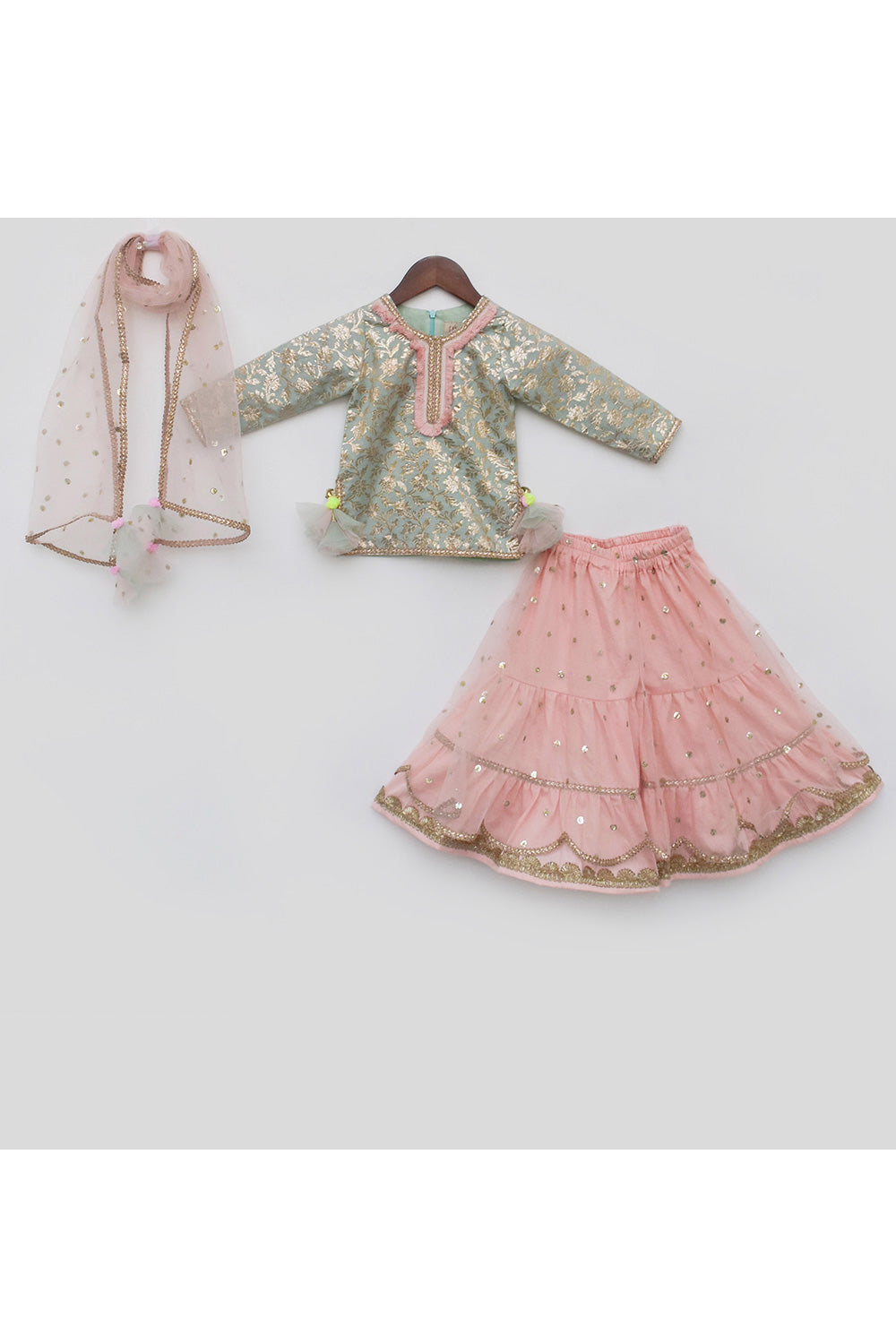 Blue Chanderi Brocade kurti With Peach Net Sharara Set