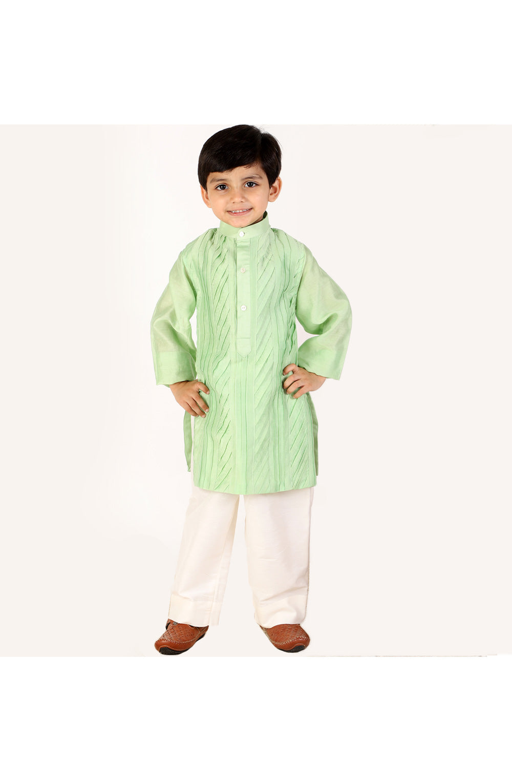 Pastel Green Chanderi Pintex Kurta With Off White Pyjama Set