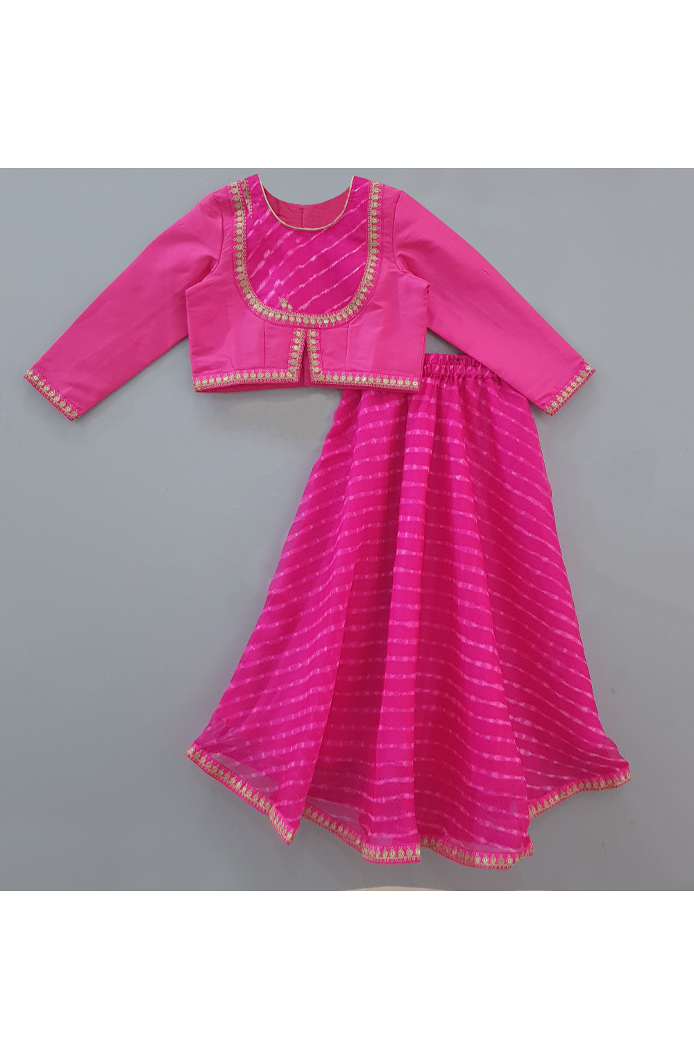 Magenta rajputi top with leheriya mothra skirt