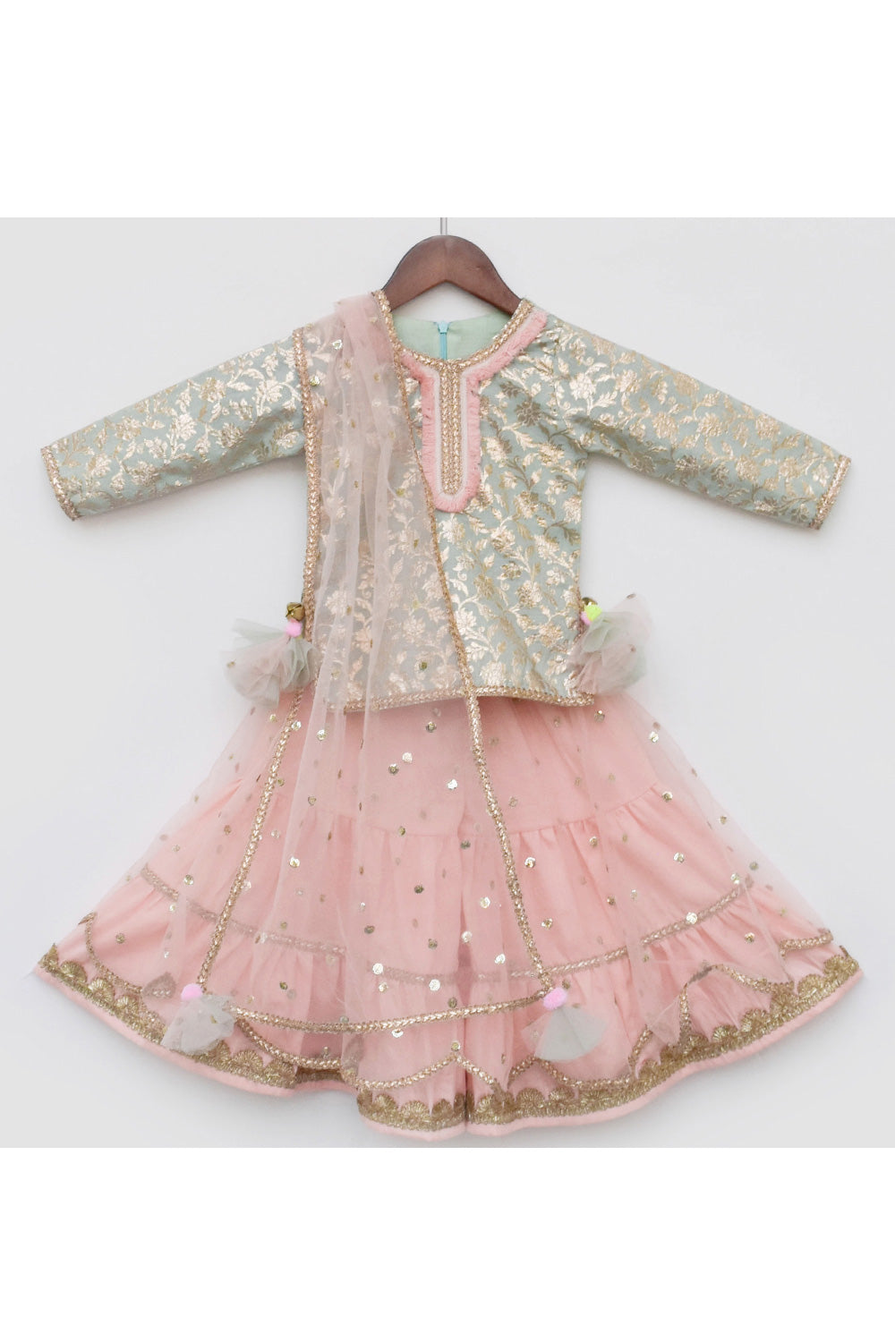Blue Chanderi Brocade kurti With Peach Net Sharara Set