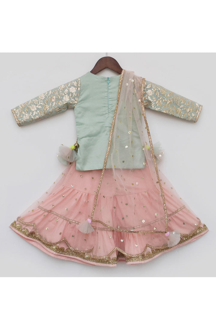 Blue Chanderi Brocade kurti With Peach Net Sharara Set
