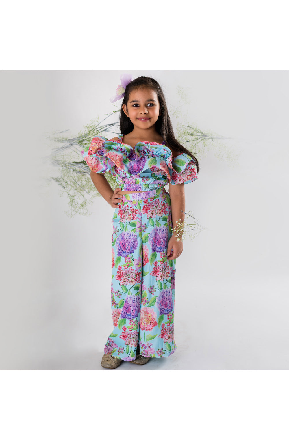 Multicolor Floral Printed Ruffle Sleeveless Top With Palazzo Set