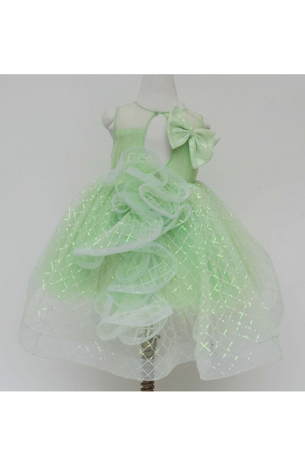 Green sequins net bow dress