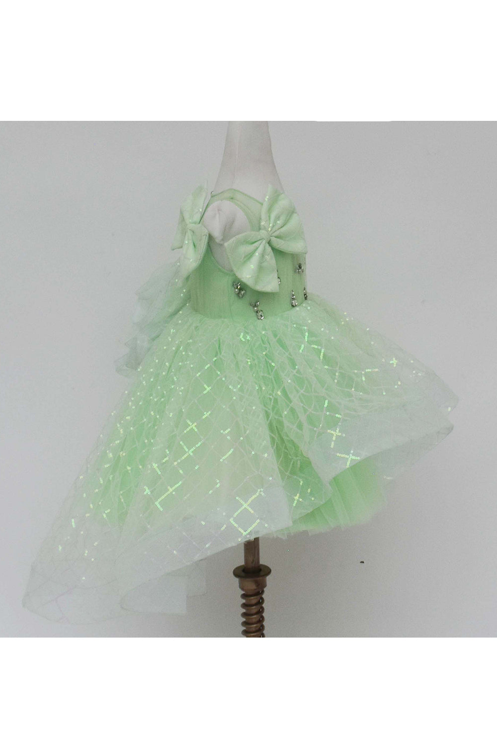 Green sequins net bow dress