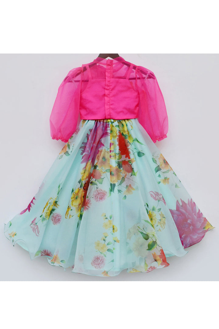 Hot Pink Organza Top And Floral Printed Lehenga