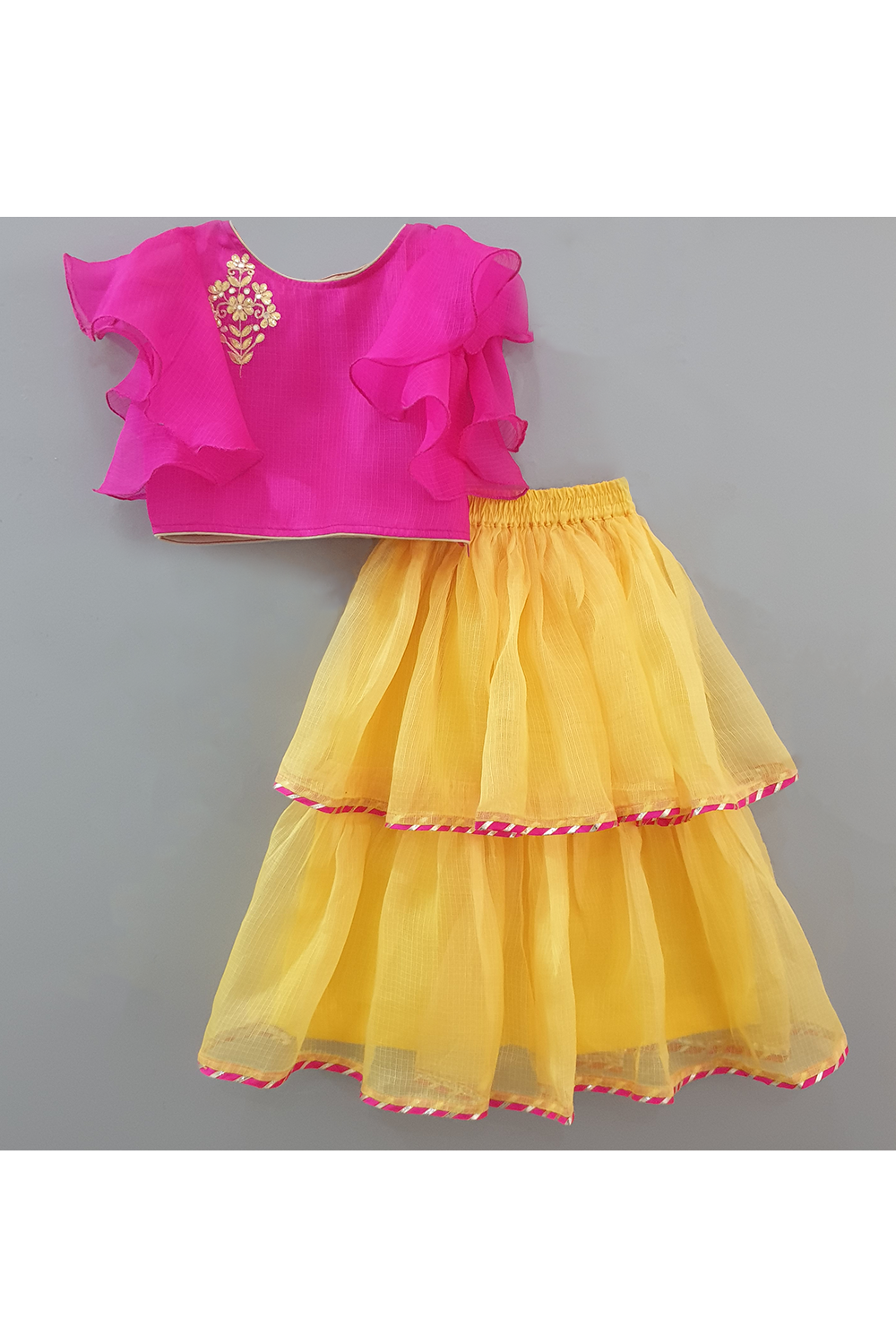 Magenta gotta booti embroidered top with yellow layered skirt