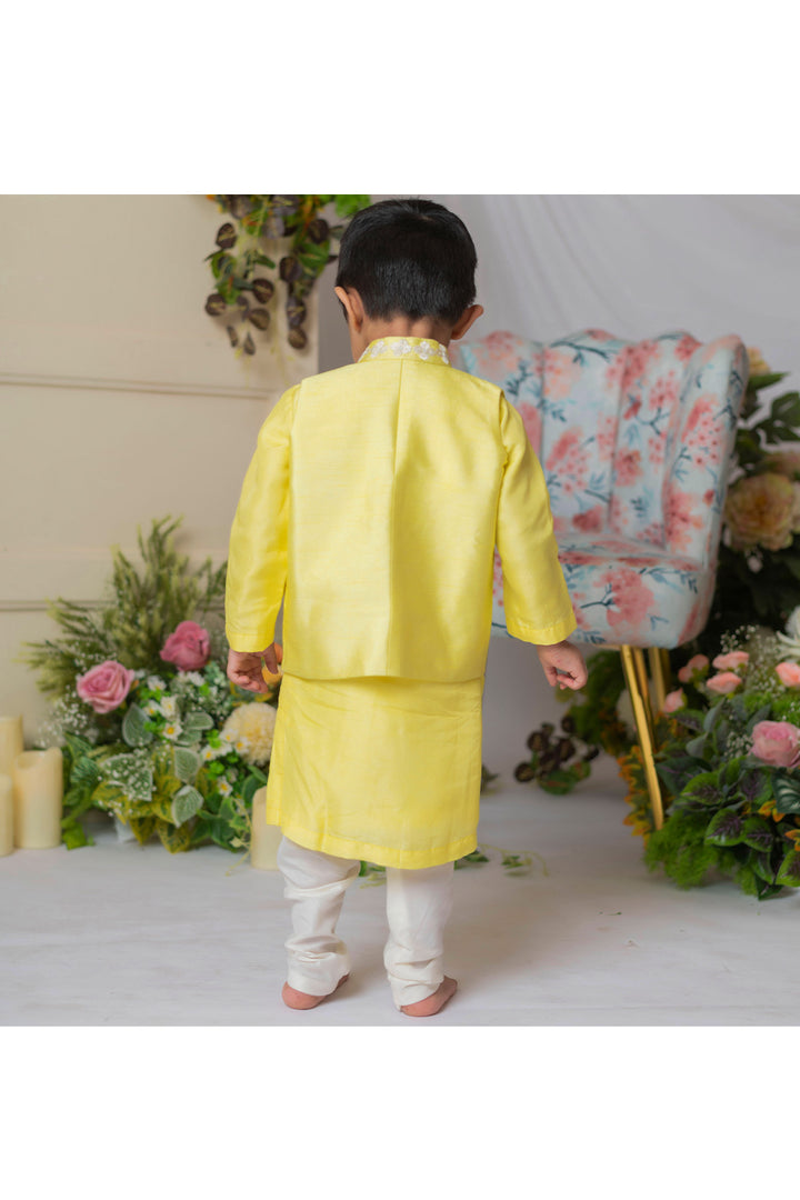 Yellow Roman Silk Kurta With Floral Embroidered Jacket Set