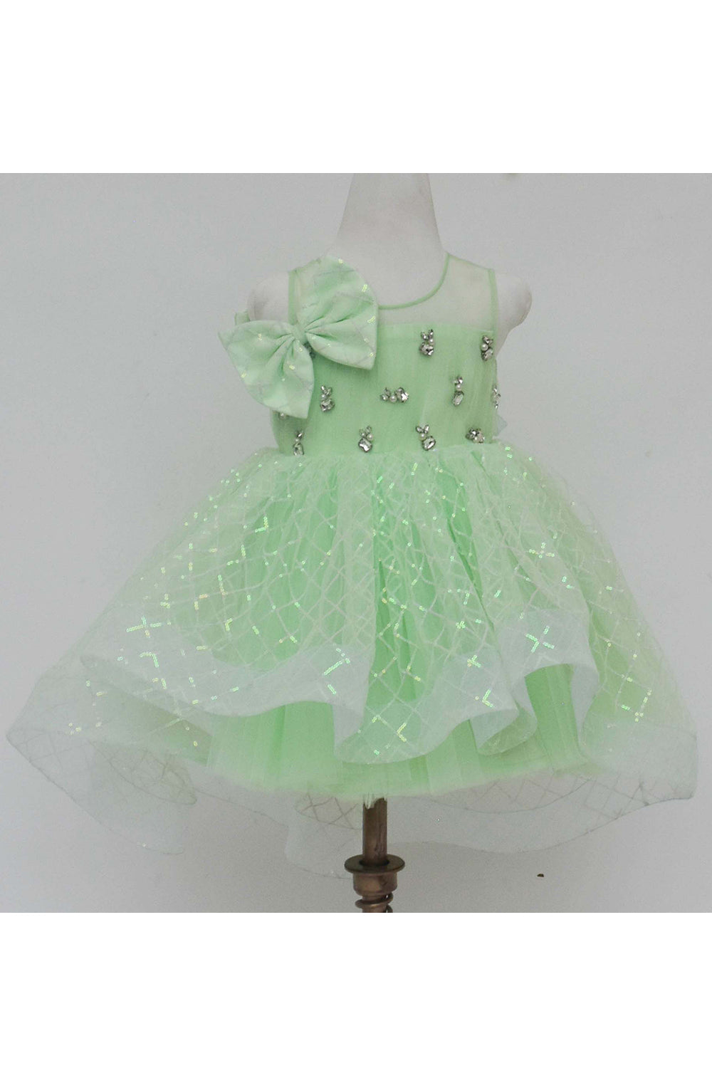 Green sequins net bow dress