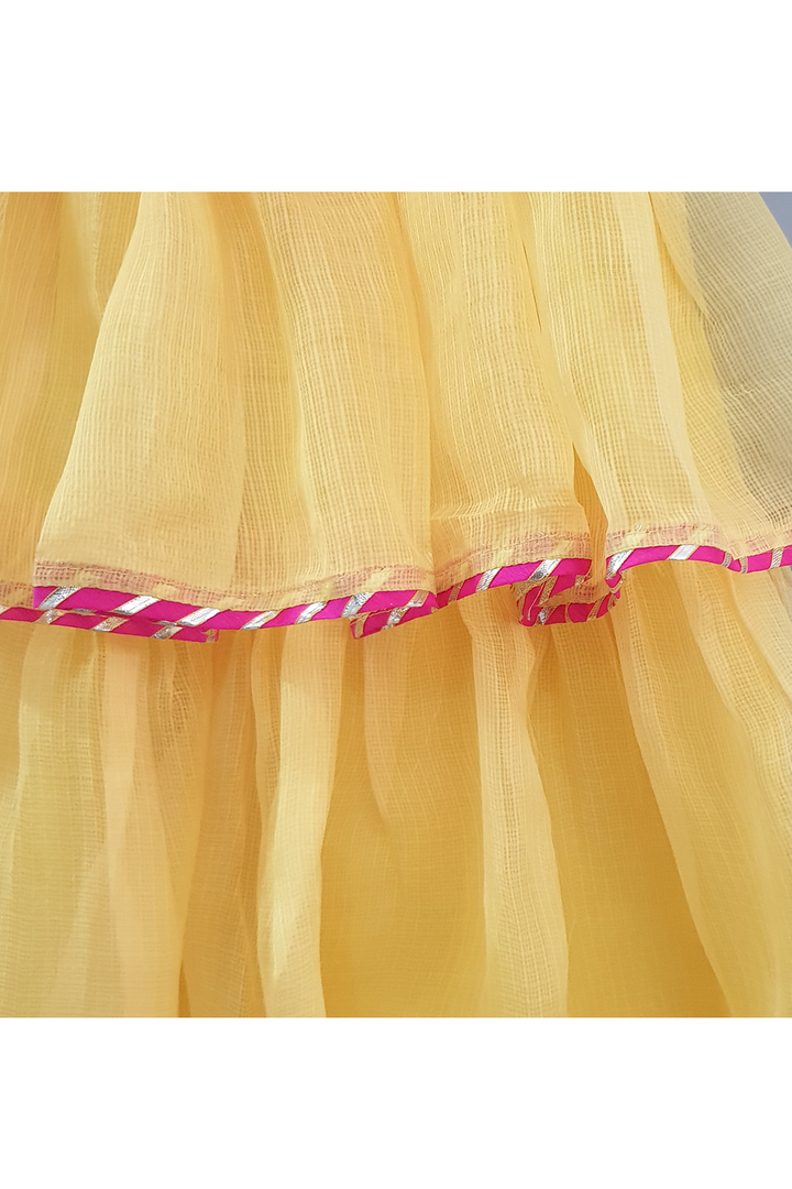 Magenta gotta booti embroidered top with yellow layered skirt