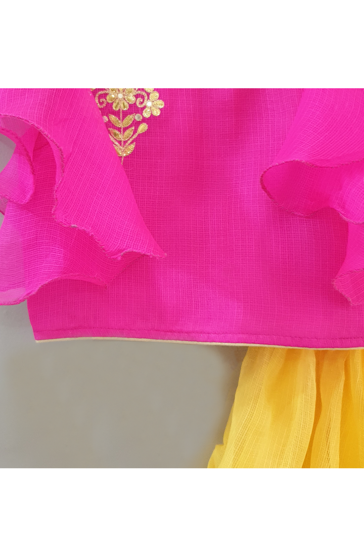 Magenta gotta booti embroidered top with yellow layered skirt