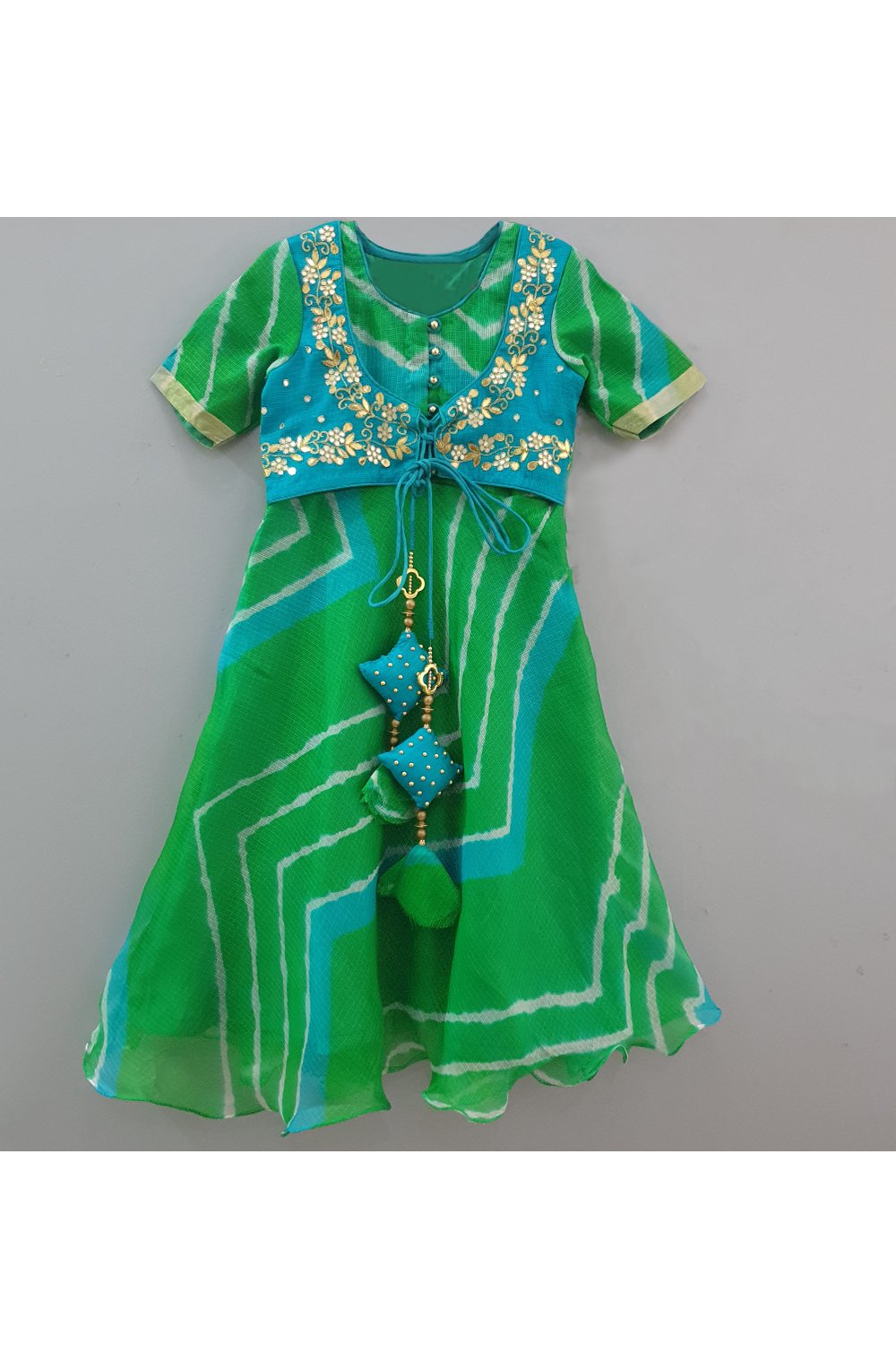 Green lehriya dress with attached jacket