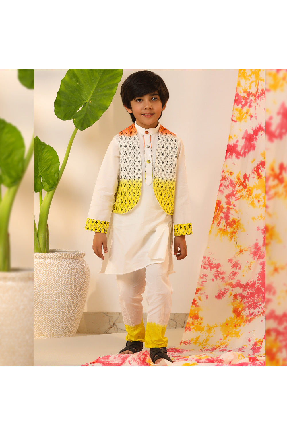 Off White Cotton Kurta With Printed Jacket Set