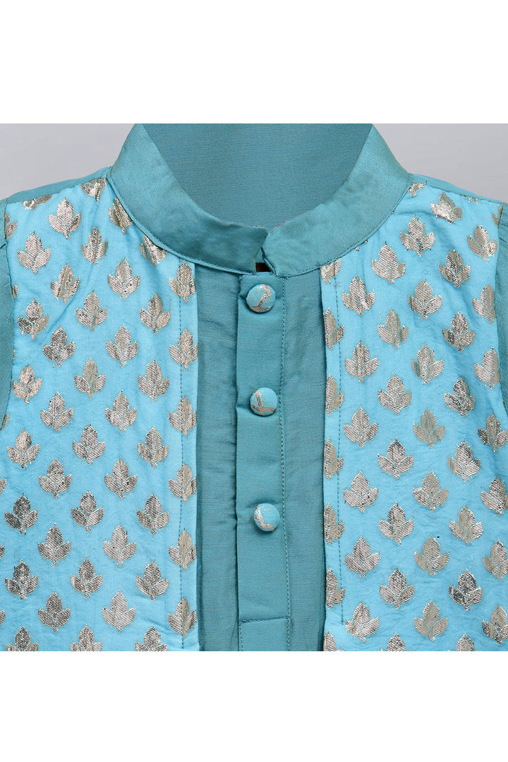 Blue Cotton Silk kurta With Attached Jacket Pyjama Set