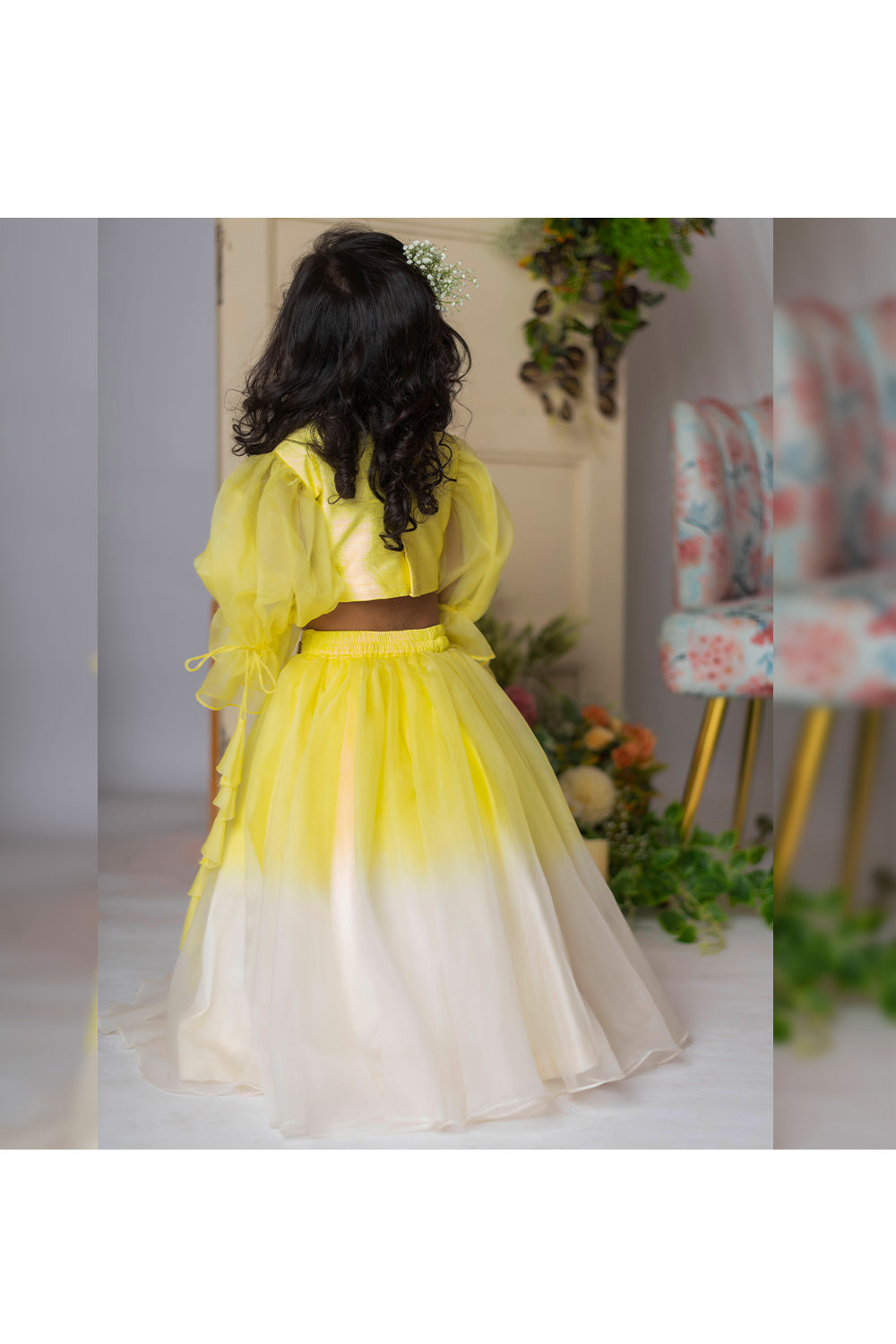 Yellow And White Floral Embroidered Top With Lehenga Set