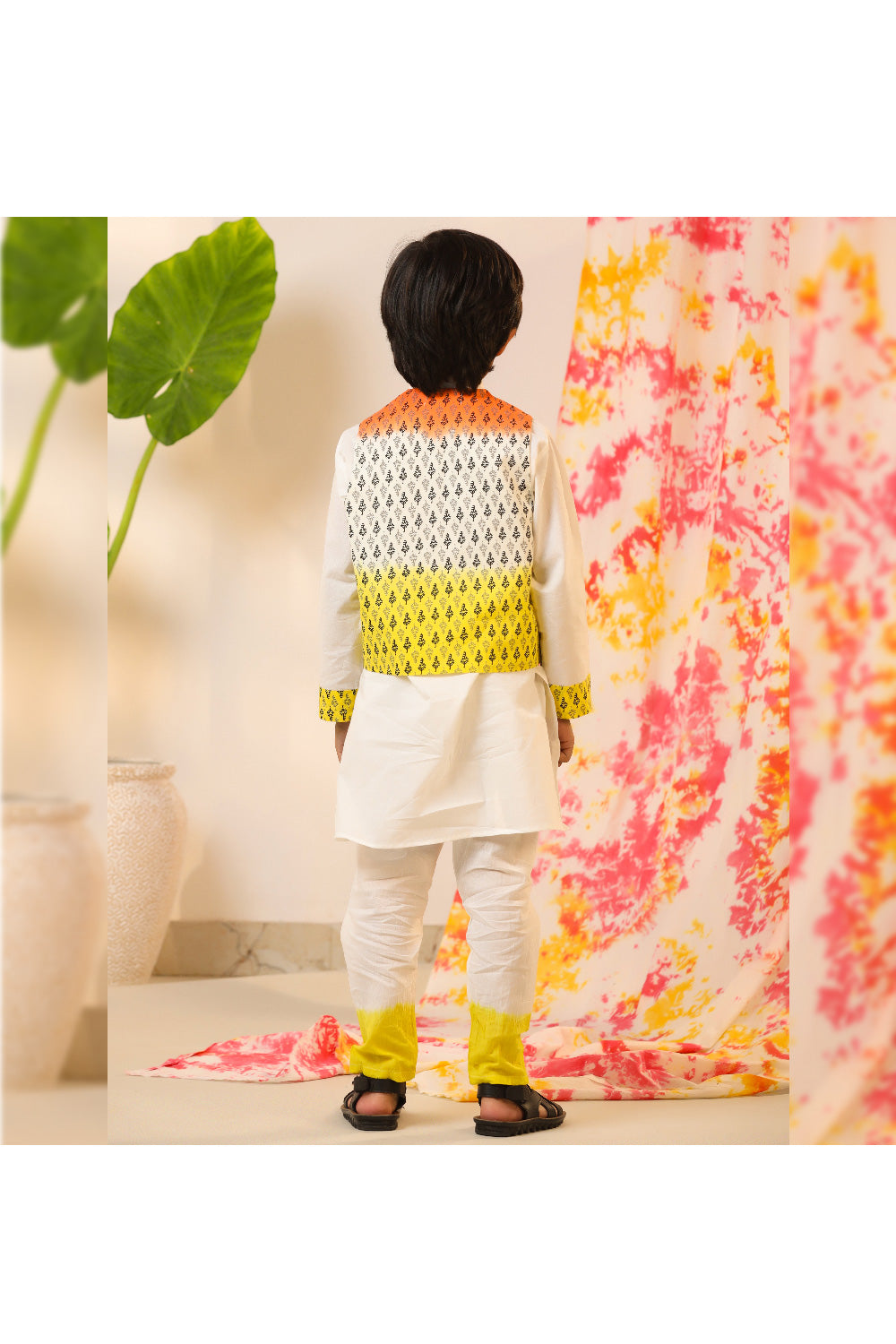 Off White Cotton Kurta With Printed Jacket Set
