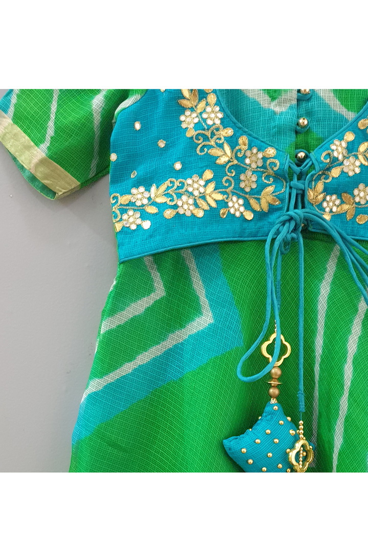 Green lehriya dress with attached jacket