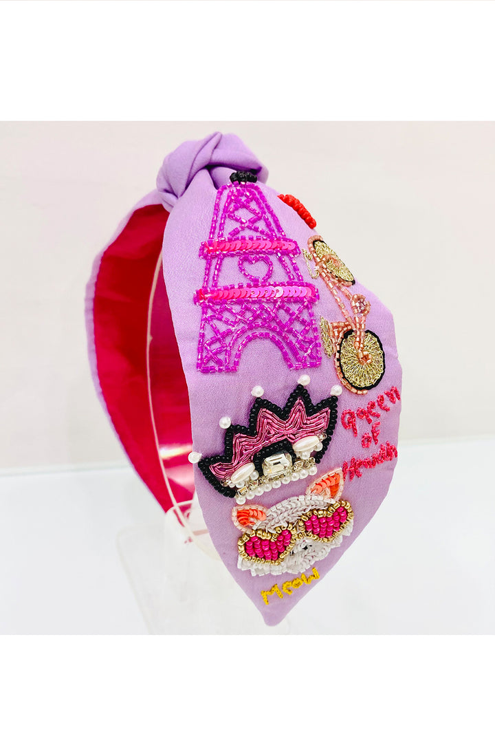 Purple Queen Of Heart Beads Embroidered Pure Crepe Hairband
