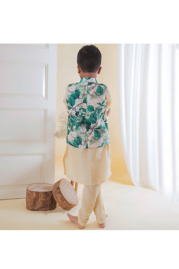 Beige Cotton Silk Kurta With Leaf Printed Jacket Set