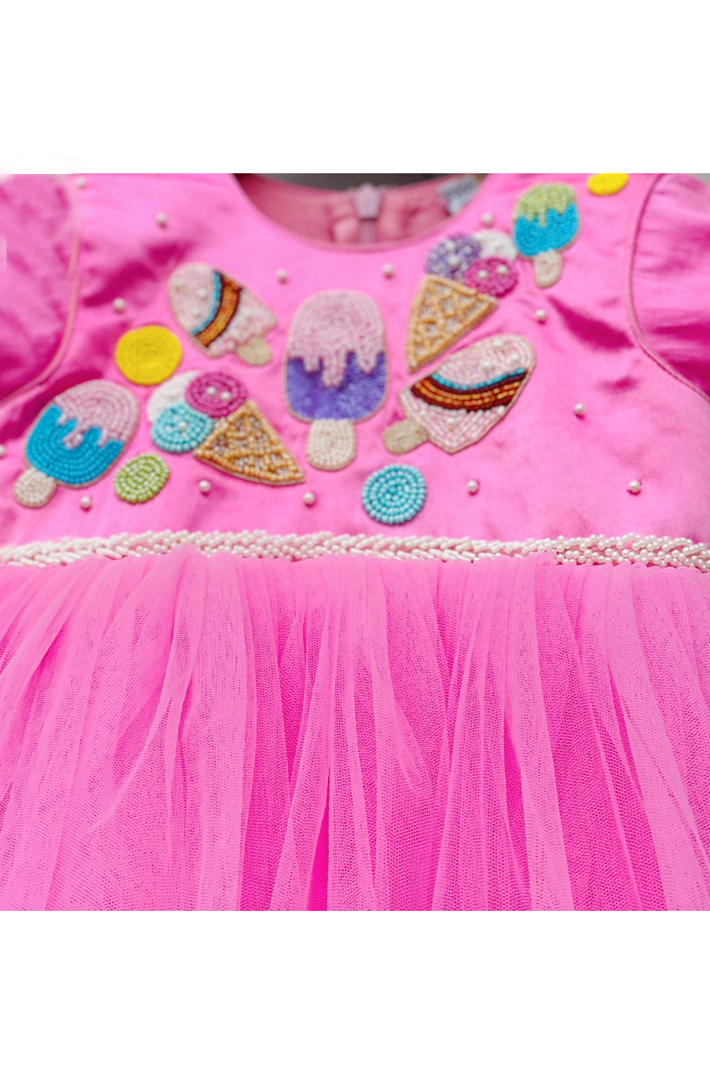 Dark pink hand embellished ice creams beads motif dress