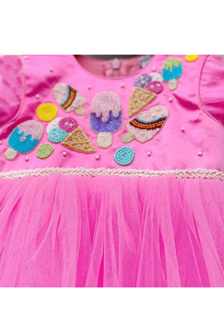 Dark pink hand embellished ice creams beads motif dress
