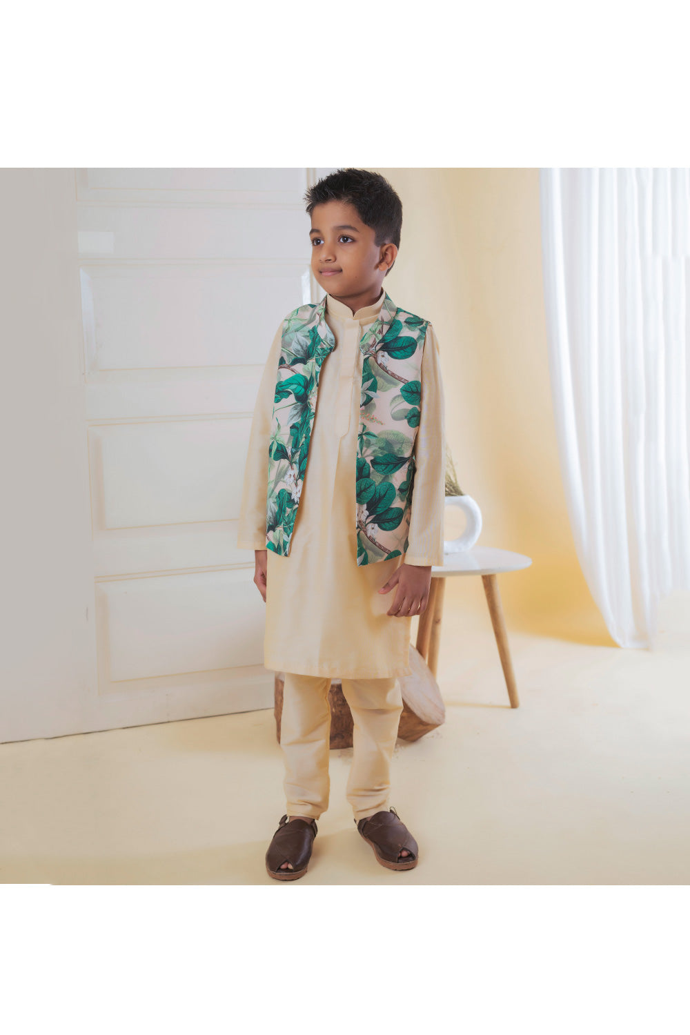 Beige Cotton Silk Kurta With Leaf Printed Jacket Set