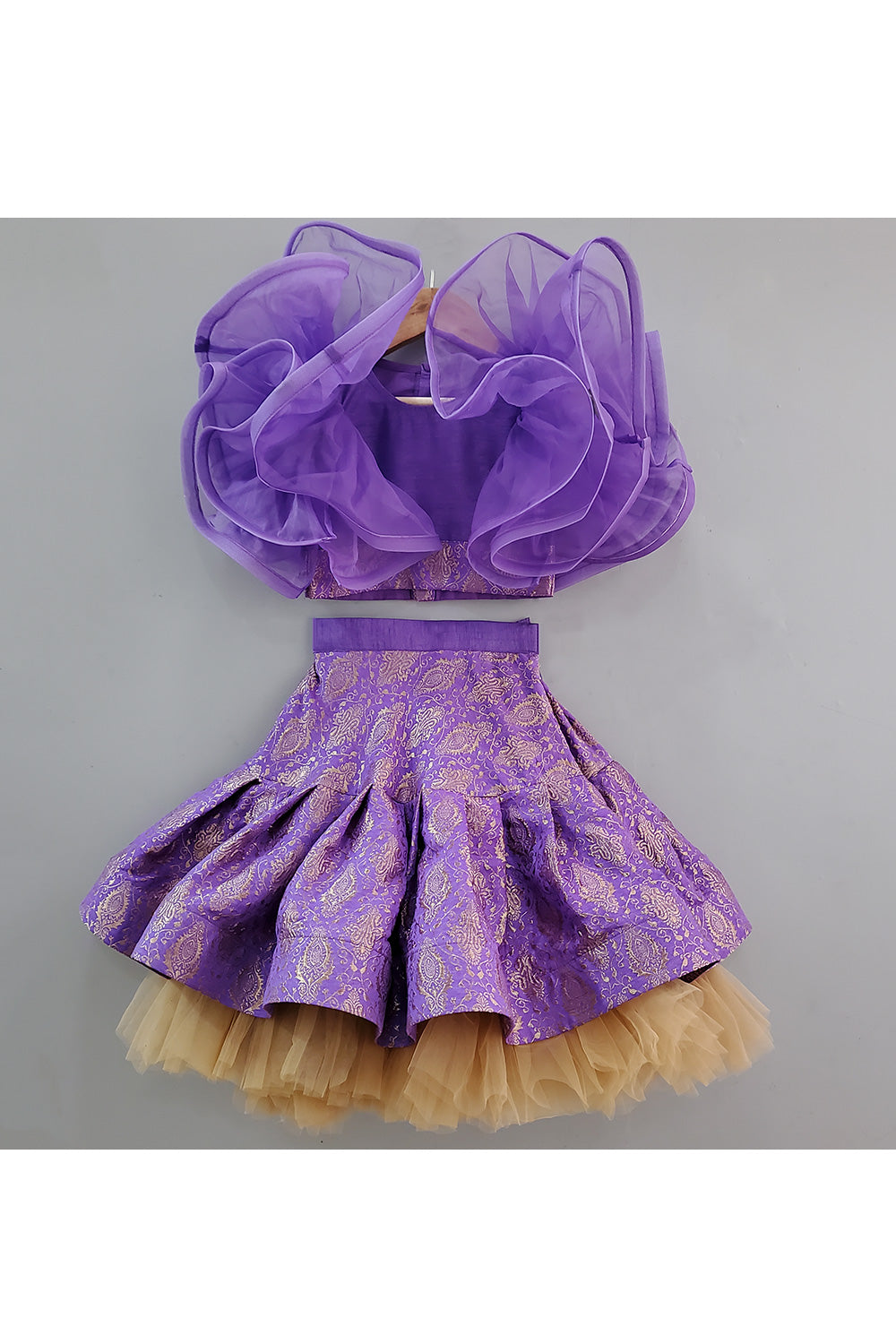 Purple Frill Top With Printed Lehenga Set