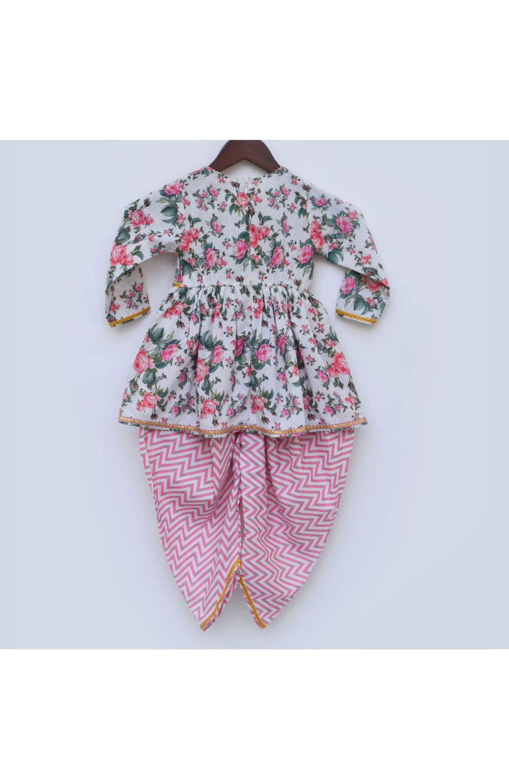 Pink Floral Printed Peplum Style Top With Dhoti Set