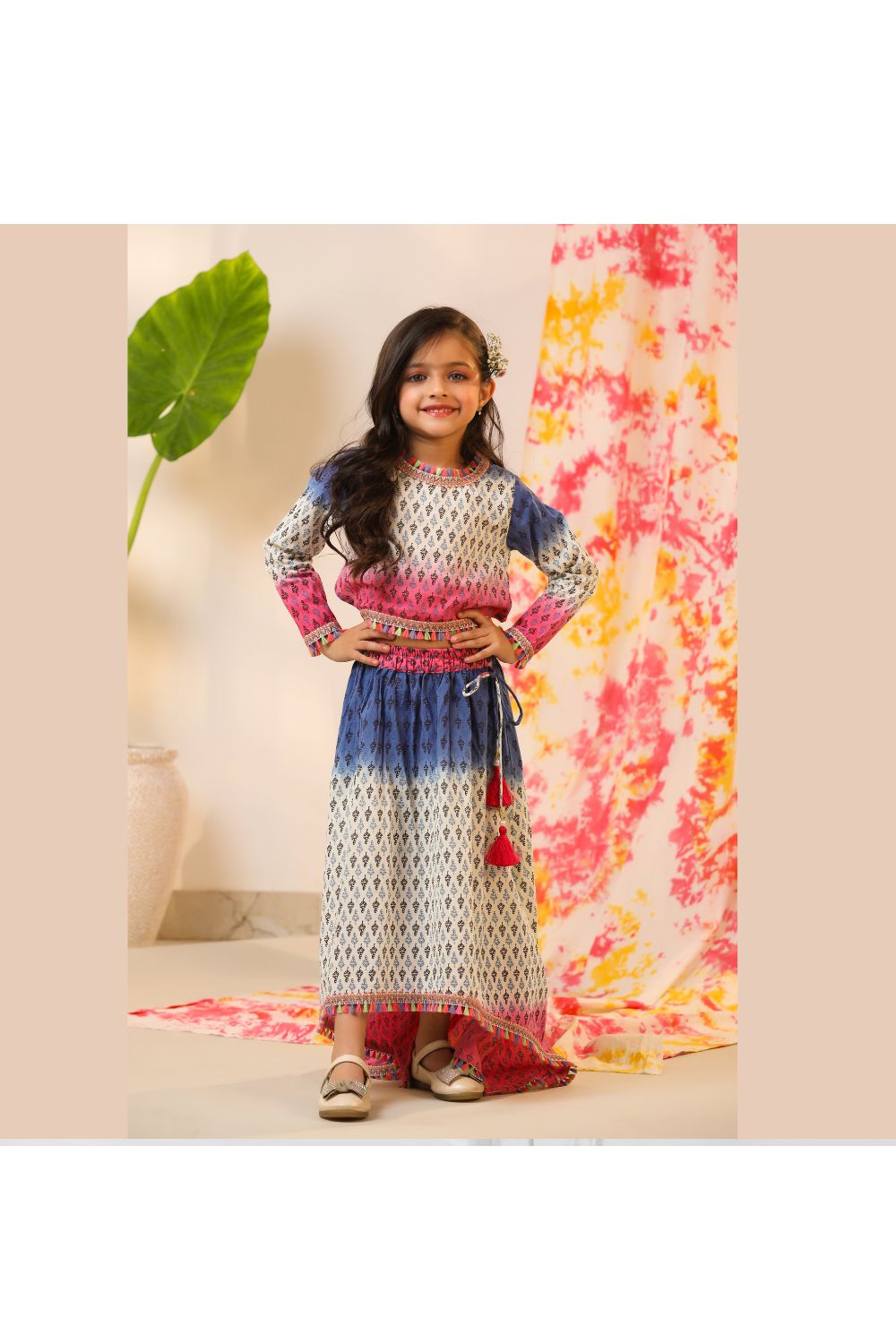 Pink And Blue Printed Cotton Top With Lehenga Set