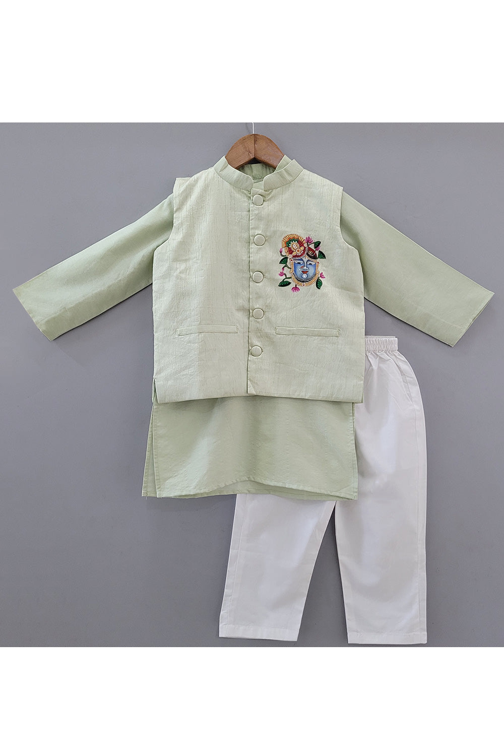 Mint Green Hand Painted Shrinathji Cotton Silk Kurta With Jacket Set
