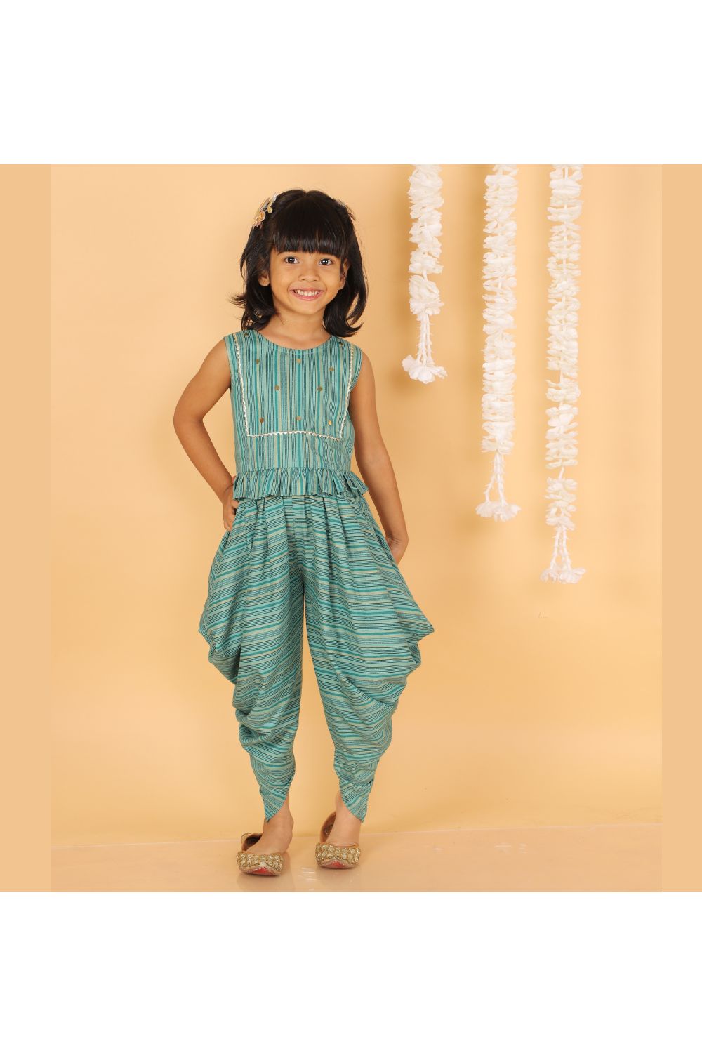 Sea Green Printed Sleeveless Top With Dhoti Set