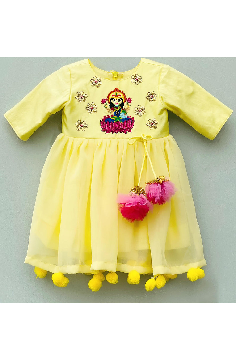Yellow goddess Laxmi embroidered knee length dress